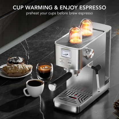 Espresso Machine 20 Bar, Compact Espresso Maker with Milk Frother, Visual Pressure Gauge, Commercial Coffee Machine with 47oz Removable Water Tank and Capsule Funnel, for Cappuccino, Latte