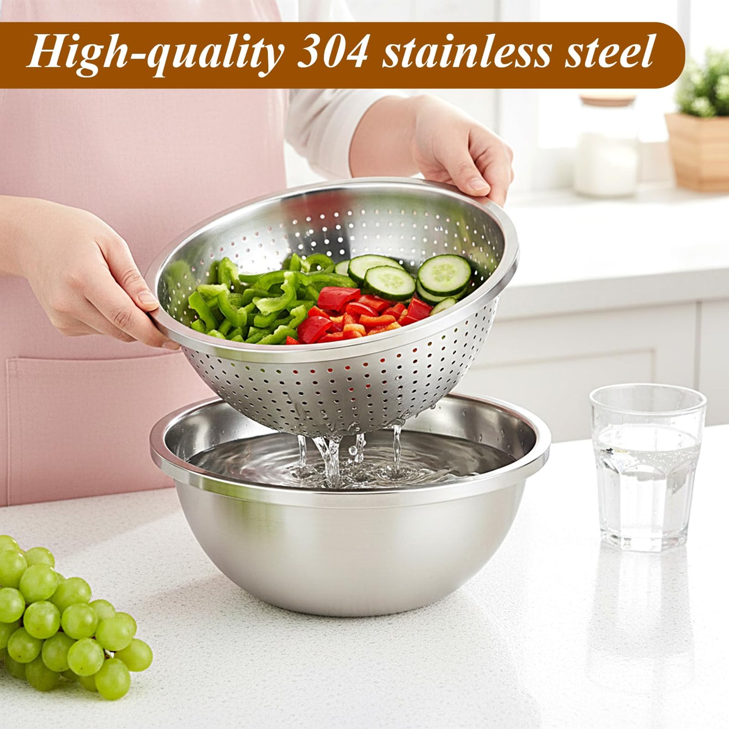 HANLANXUE 304 Stainless Steel Colander and Strainer, 5QT Large Capacity with Mixing Bowl, Micropore for Washing Rice, Vegetables, Fruit, Grain, Bean, and Draining Cooked Pasta, Dishwasher Safe