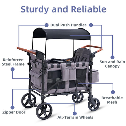 Stroller Wagon for 4 Kids, 4 Seater Wagon Stroller with Snack Tray, Large Storage Bag, Phone Cup Holder, Removable Canopy, Foldable Wagon Stroller 4 Seater with Adjustable Push Handles (Grey)