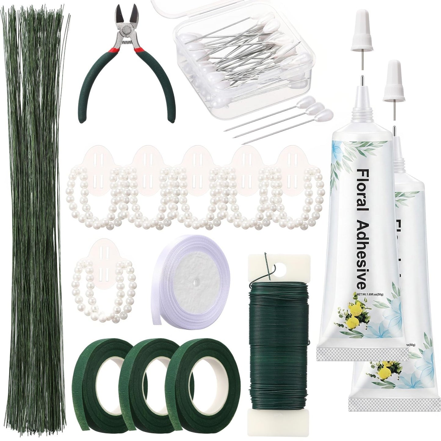 Poola Voidra Floral Arrangement Tools Floral Tape Wire Set Adhesive Glues Boutonniere Flower Pin Stem Cutter Elastic Pearl Wrist Corsage Band White Ribbon Kit for Wedding Corsage Supply Bouquet Craft