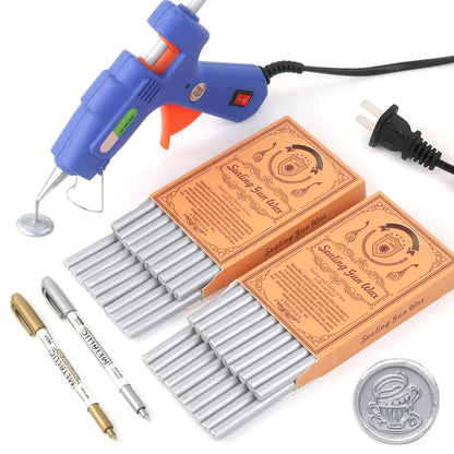 Wax Seal Kits, Wasole 40Pcs Silver Sealing Wax Sticks with Glue Gun + 2Pcs Wax Seal Pens for Wax Seal Stamp, Great for Wedding Invitations, Birthday Cards, Envelopes, Gift Wrapping