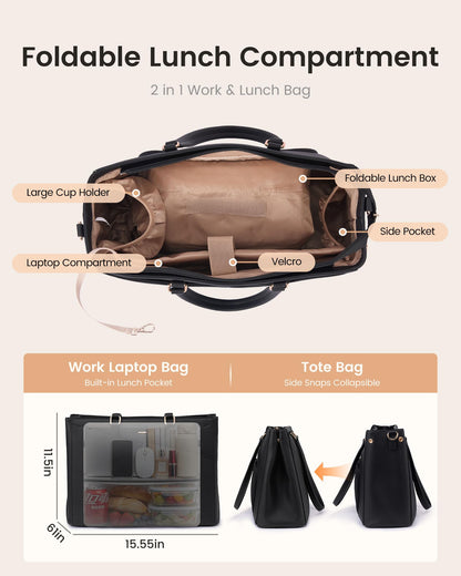 LOVEVOOK Lunch Tote Bag for Women, 3 in 1 Work Bag with Insulated Lunch Compartment, Laptop Bag with Large Cup Holder for Office, College, Casual, Black
