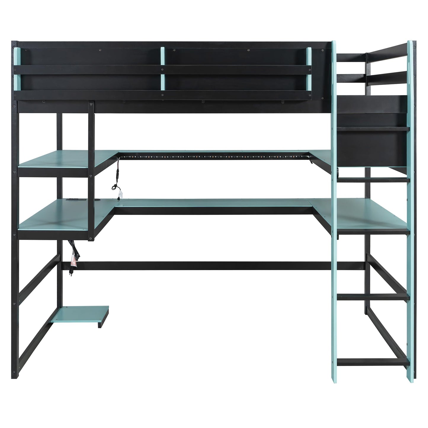 DNYN Gaming Loft Bed with Built-in Desk and Storage Shelves for Teens/Adults Bedroom, Space-Saving Full Size Wooden Bed Frame with LED & Side Race, No Box Spring Needed