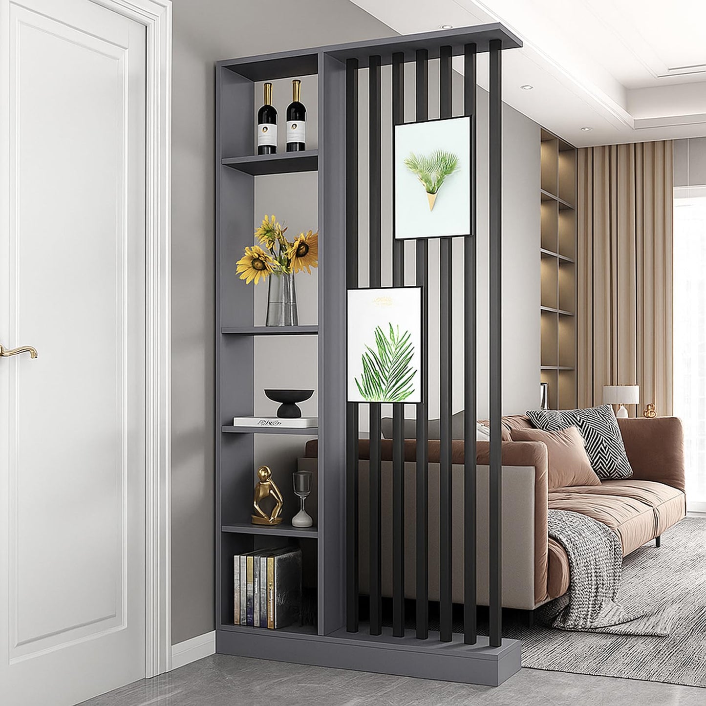 Wall Room Divider with Storage Shelves, Modern Freestanding Room Divider Screen, Open Room Wood Partition for Home & Office Decor (Grey + Black, 39.5" L x 9.5" W x 79.5" H)