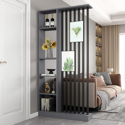 Wall Room Divider with Storage Shelves, Modern Freestanding Room Divider Screen, Open Room Wood Partition for Home & Office Decor (Grey + Black, 39.5" L x 9.5" W x 79.5" H)