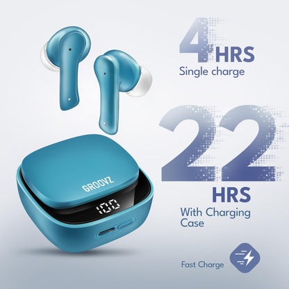 Groovz True Wireless Earbuds with Charging Case - Designed and Engineered in The USA - IPx4 Water Resistant Bluetooth Earbuds Compatible with Apple and Android - 27Hrs Battery Life - Teal