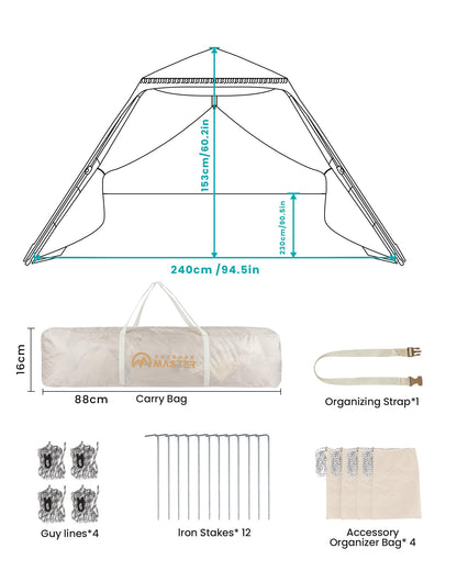 OutdoorMaster Pop Up Beach Tent with Fringe for 4 Person, Easy Setup and Portable Beach Shade Sun Shelter Canopy with UPF 50+ UV Protection, 11MM Thick Pole