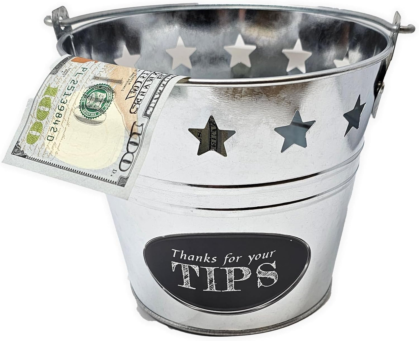 Tip Bucket Metal with Stars Design for Bar, Club, Musicians, Bartenders Money Tip Jar, 6” Diameter x 5.5” Height