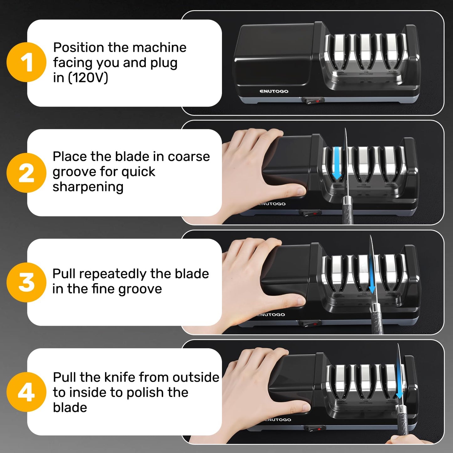 Enutogo Knife Sharpener, 3-Stage Electric Knife Sharpener for Kitchen Knives, 100% Diamond Abrasive with Quick Sharpening & Polishing, Professional Sharpening Tool with Metal Dust Collection Box