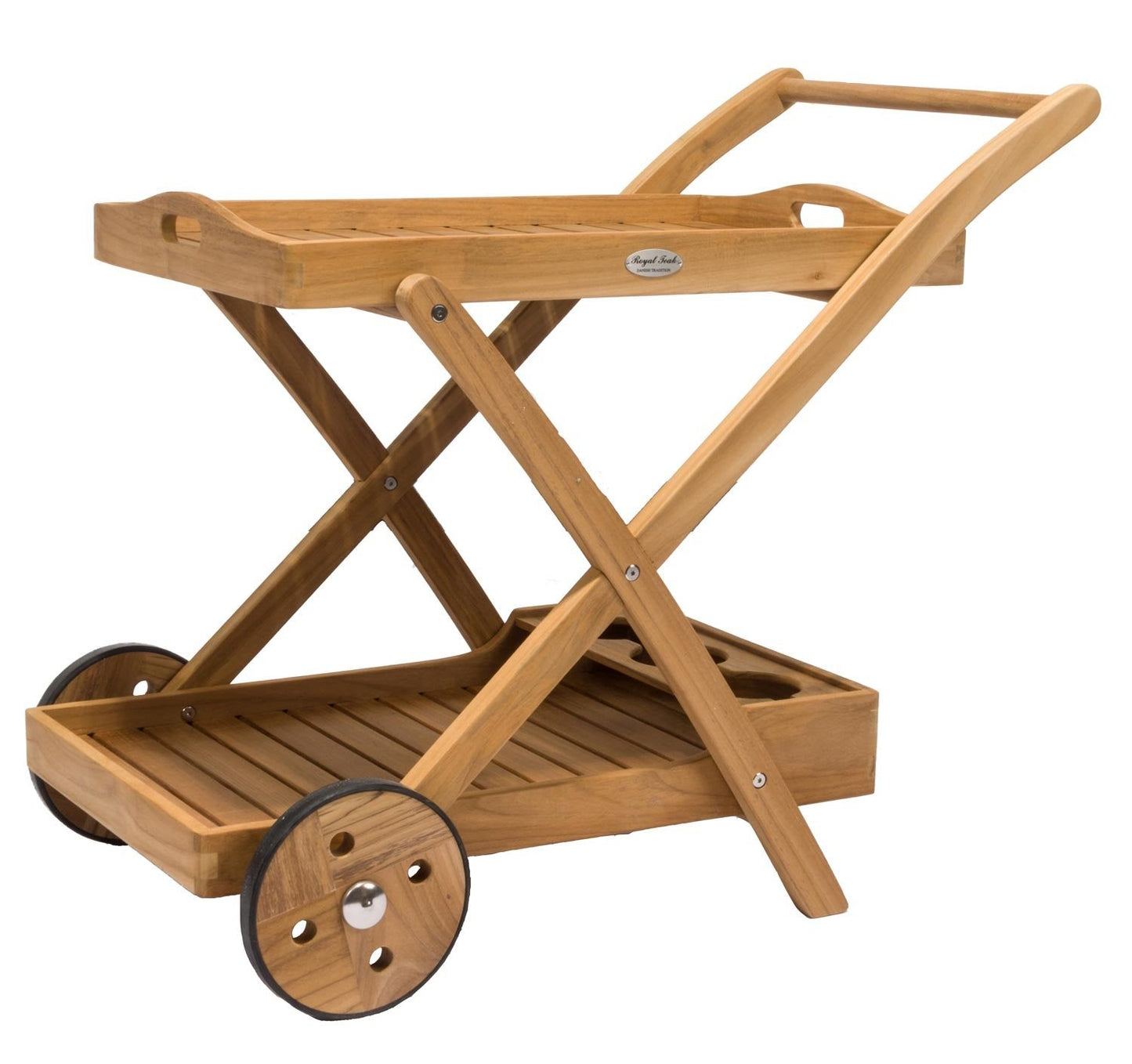 Royal Teak Collection Teak Tray Cart with Wheels, Serving Rolling Cart with Detachable Top Tray, Lower Shelf and Cup Holders, Kiln-Dried Wooden Outdoor Entertaining Accessory (TTC)