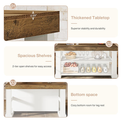 Tribesigns 55" Kitchen Island with Seating and Storage, 3-Tier Farmhouse Wood Stationary Island Table with Large Worktop & Leg Room, Coffee Bar Table with Storage Shelves for Kitchen, White and Brown