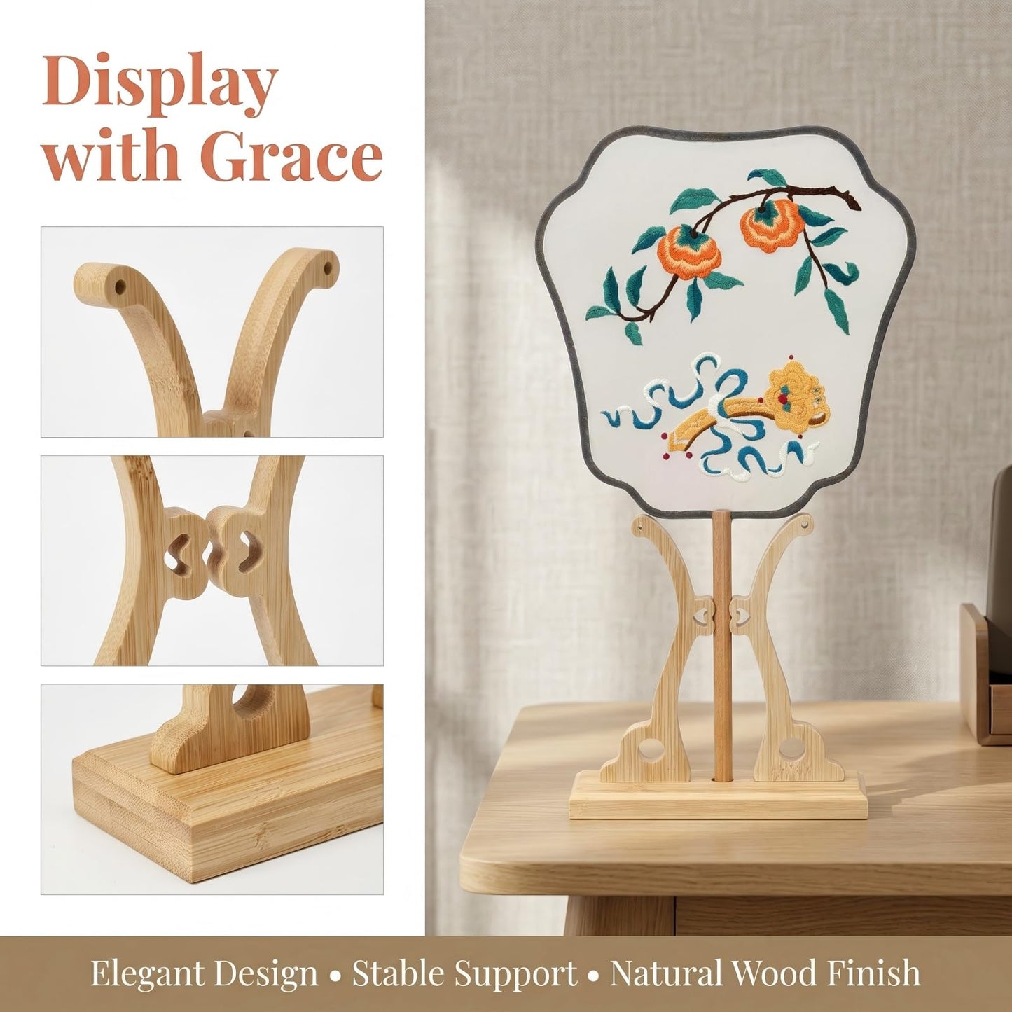 QIZUOLIFE Bamboo Fan Display Stand, Sturdy Holder for Chinese Tuan Shan, Embroidery Round Fan, Elegant Desktop Decor Stand