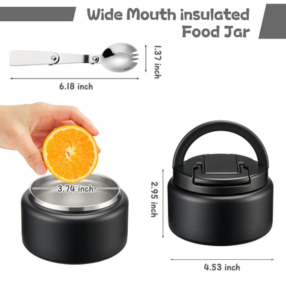BABHAMNESS 13.5oz Soup Thermo for Hot Food Kids Insulated Vacuum Food Jar with Buckle Lid,Wide Mouth Leakproof Stainless Steel Lunch Container with Spoon-Black