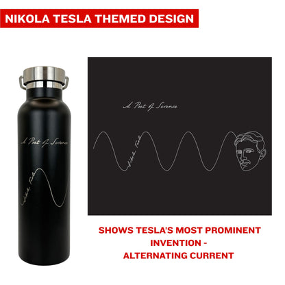 Nikola Tesla Inspired Insulated Water Bottle - 20oz Stainless Steel, Double-walled Insulation, Leak-proof | Science Gift, Engineer Gift, STEM Gift, Physics Gift, Teacher Gift (Alternating Current)