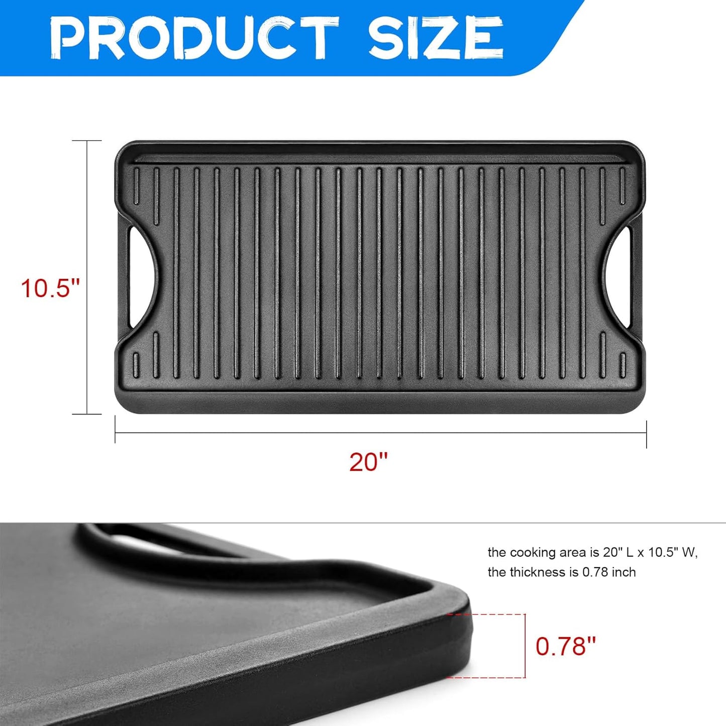 GGC Cast Iron Reversible Griddle, 2-in-1 Griddle Pan for Gas Stove Tops, 20 x 10.5 Flat and Ribbed Plate