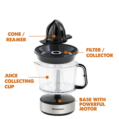 Elite Gourmet ETS326 BPA-Free 40-Watt Electric Citrus Juicer, Compact, Large Volume, Pulp Control, Oranges, Lemons, Limes, Grapefruits with Easy Pour Spout, 24oz, Black/Stainless Steel