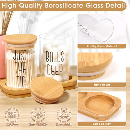 Funny Qtip Holder Dispenser 2 Pack Glass Apothecary Jars Canisters with Tray, Cotton Ball Qtip Holder Bathroom Set with Bamboo Lids for Cotton Swab Farmhouse Bathroom Storage Organization