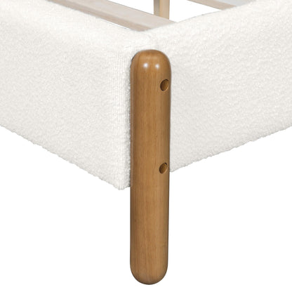 Ball & Cast Queen Size Bed Frame with Thick Boucle Upholstered Headboard, Solid Wood Legs, No Box Spring Needed Platform Bed, Underbed Storage Space,White