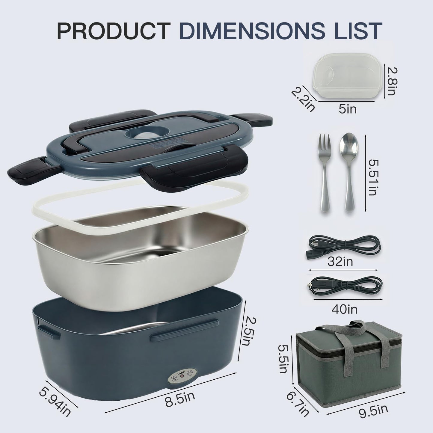 MEGAWISE Electric Lunch Box 1.5L with 304 Stainless Steel Container, 3-in-1 Food Heating Lunch Box for Adults, Food Warmer for Car, Truck, Office, Includes Utensils & Carry Bag (Charcoal Gray)