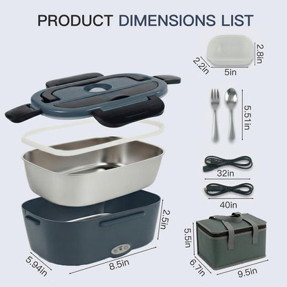 MEGAWISE Electric Lunch Box 1.5L with 304 Stainless Steel Container, 3-in-1 Food Heating Lunch Box for Adults, Food Warmer for Car, Truck, Office, Includes Utensils & Carry Bag (Charcoal Gray)