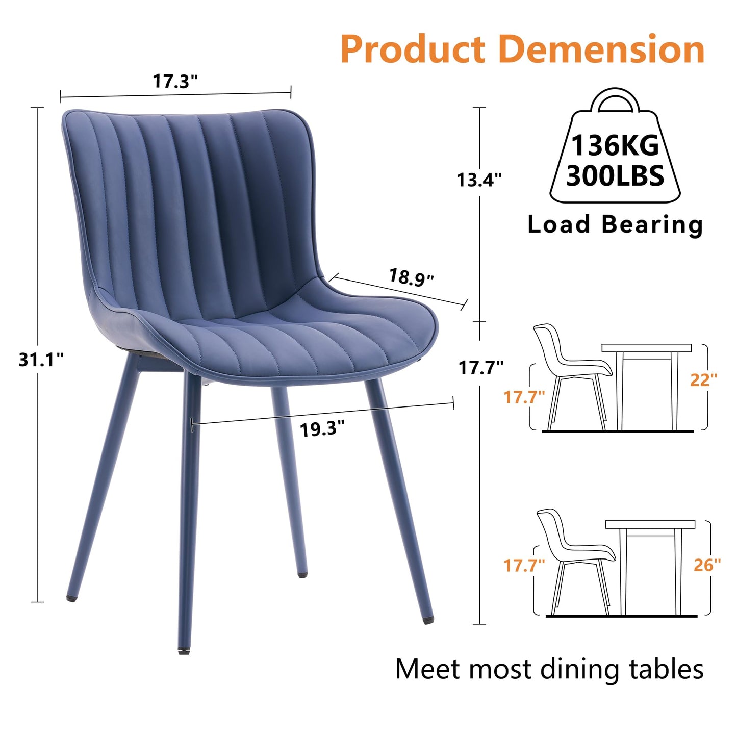 YOUNUOKE Mid-Century Modern Dining Chairs Set of 2, Navy Blue PU Leather Upholstered Kitchen Chairs with Navy Blue Metal Legs, Armless Accent Chair for Dining Room, Guest Reception Room