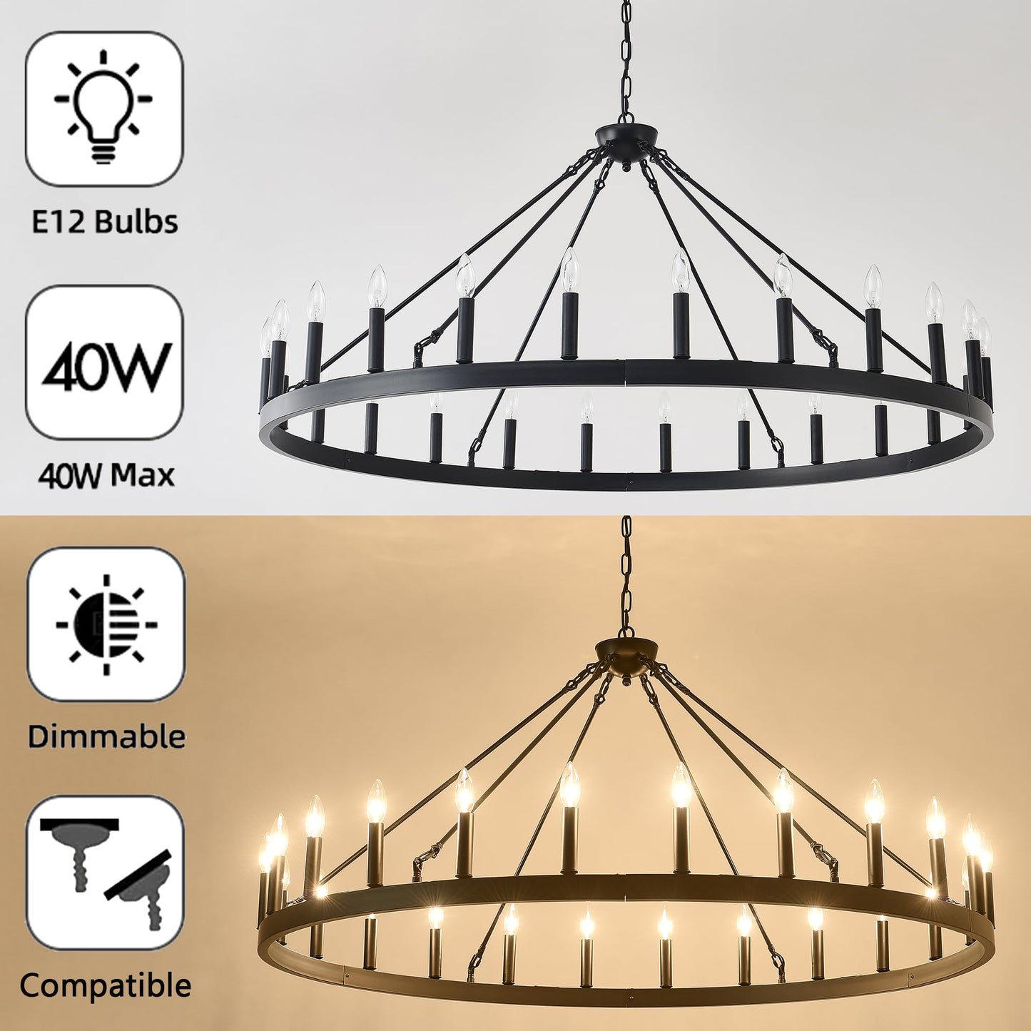 JTYP 53 Inch Large Black Farmhouse Wagon Wheel Chandelier,24-Light Round Industrial Pendant Light fixtures for Outdoor Porch high Ceilings Living Dining Room Foyer Entryway