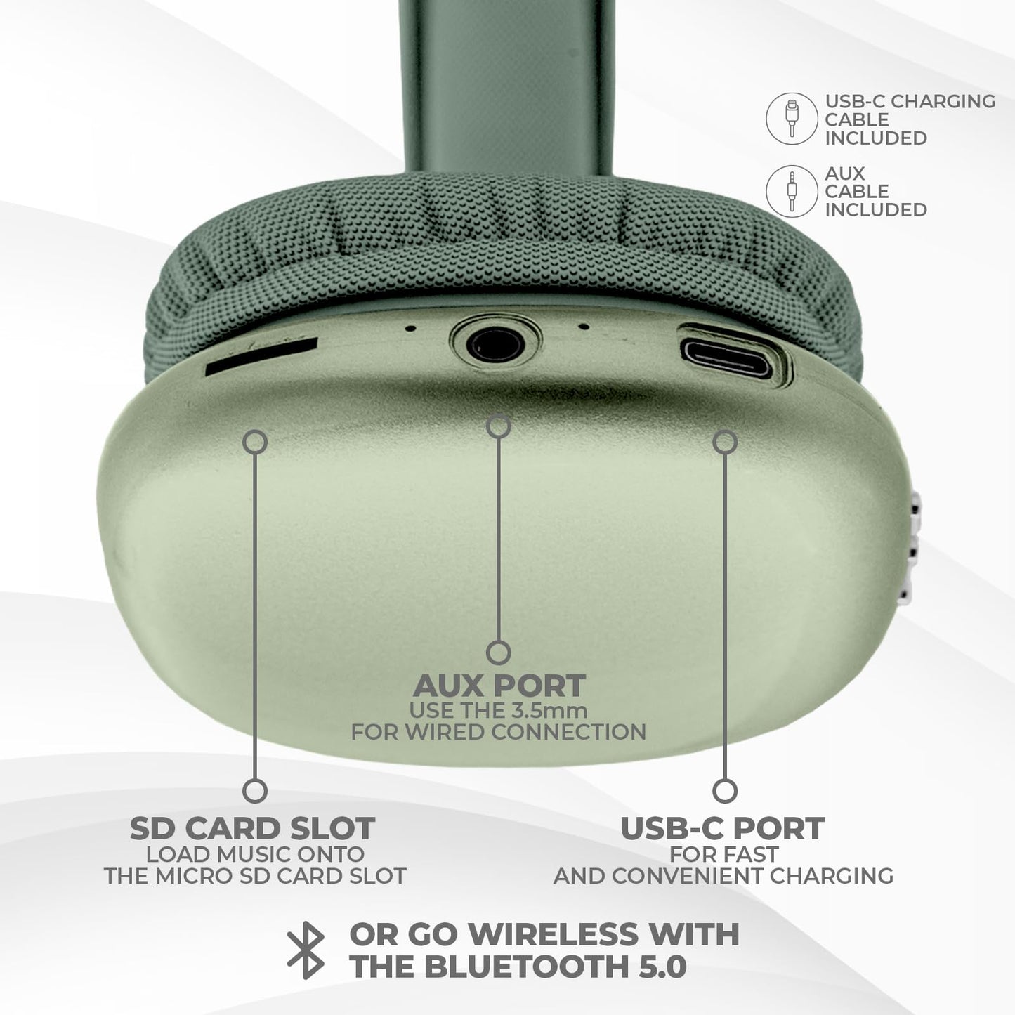 iJoy Ultra Wireless Over-Ear Bluetooth Headphones with Mic, Up to 10 Hours Playtime, Bluetooth Headset 33Ft Range with Backup AUX Cable & SD Slot, Wireless Headphones for Gaming, Work & Gym (Green)