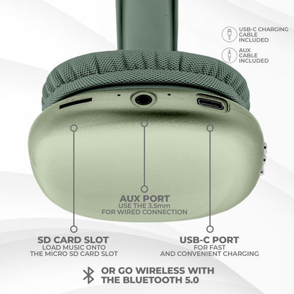 iJoy Ultra Wireless Over-Ear Bluetooth Headphones with Mic, Up to 10 Hours Playtime, Bluetooth Headset 33Ft Range with Backup AUX Cable & SD Slot, Wireless Headphones for Gaming, Work & Gym (Green)