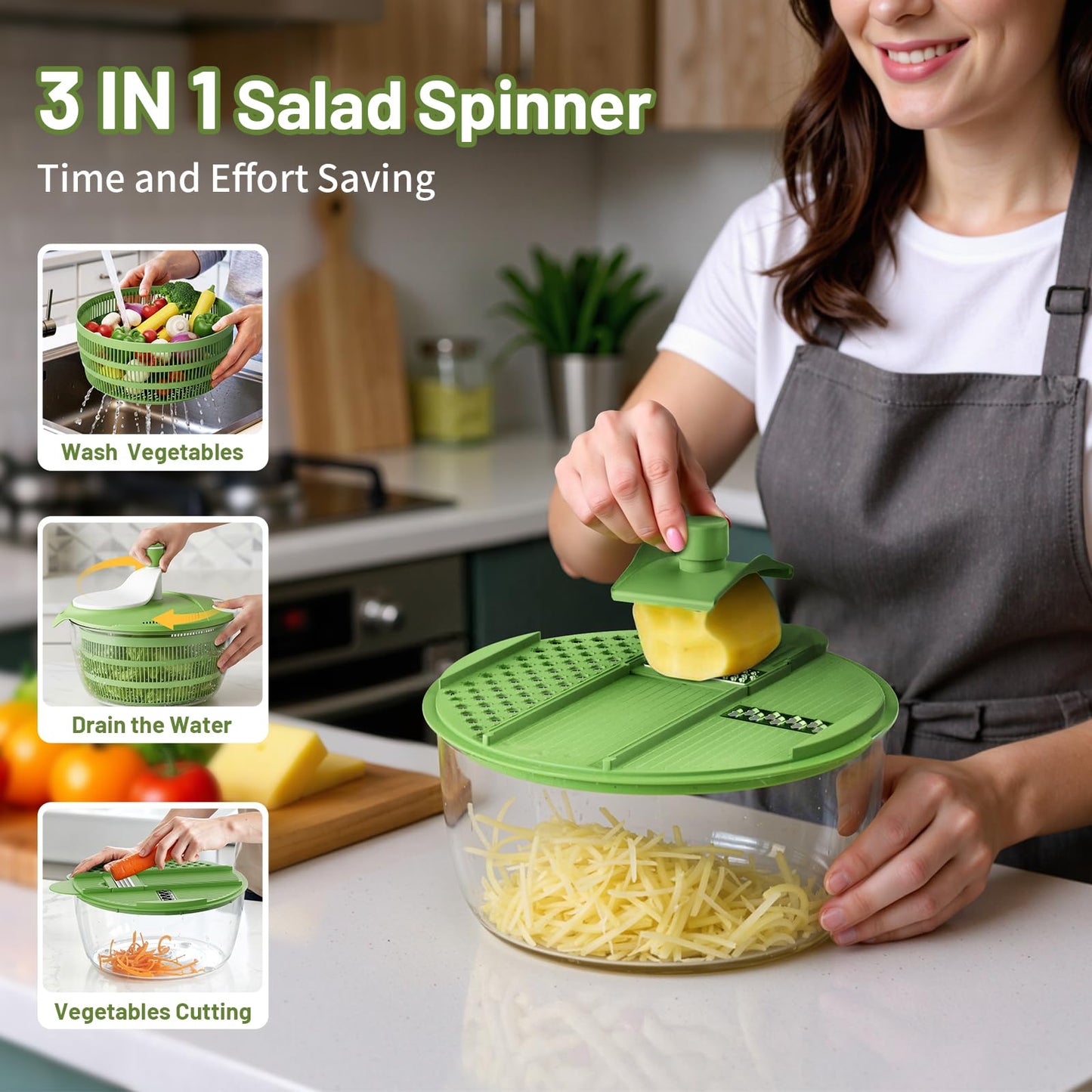 SmartTrends Salad Spinner, 5.3 QT Lettuce Spinner with Strainer, Fruit Cleaner with 4 Replaceable Blade for Shredding, Slicing and Pureeing, Salad Washer & Dryer for Quick Washing (Green)