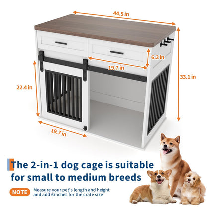 44.5'' Dog Crate Furniture with Hook & Storage Drawers, Wooden Heavy Duty Dog Kennel Indoor with Sliding Barn Doors, Decorative Pet House End Side Table TV Stand for Medium/Small Dogs,White