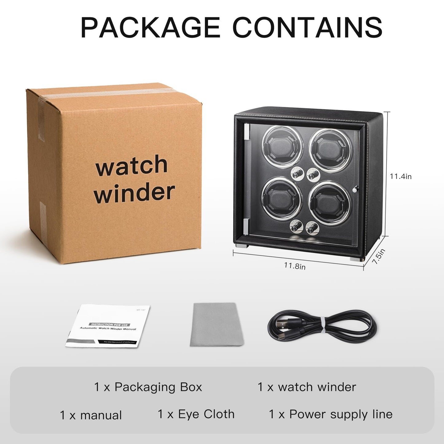 KOHUDIS Watch Winder for 2/4/6/9 Automatic Watches, high-end Leather Making, Super Quiet Mabuchi Motor, Two Power Modes, Built-in led Lights (Black, 4 Slots)
