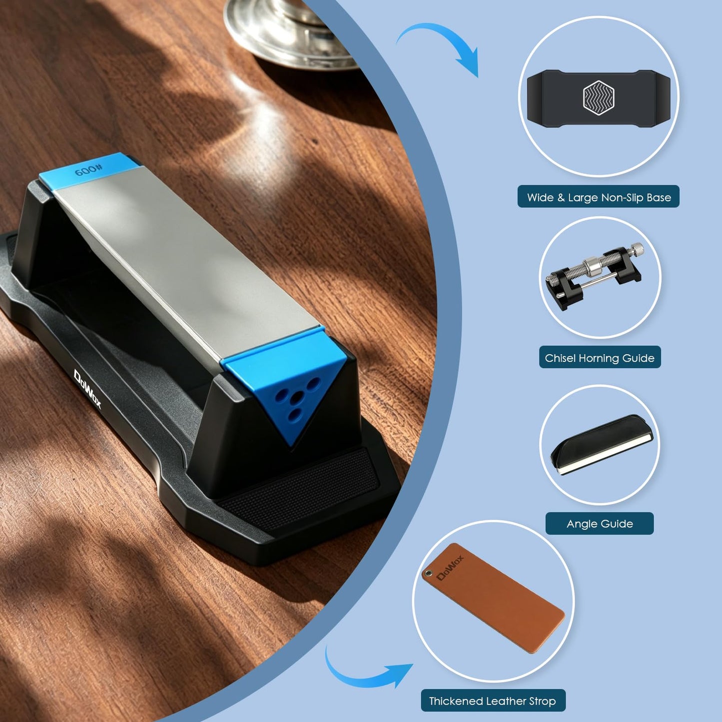 Diamond Knife Sharpener, Larger Sharpening Stone, 360/600/1000 Grit Whetstone Knife Sharpener Kit with Honing Guide, Angle Guide, Leather Strop for Kitchen Knives, Chisels, Tools, Outdoor Gear