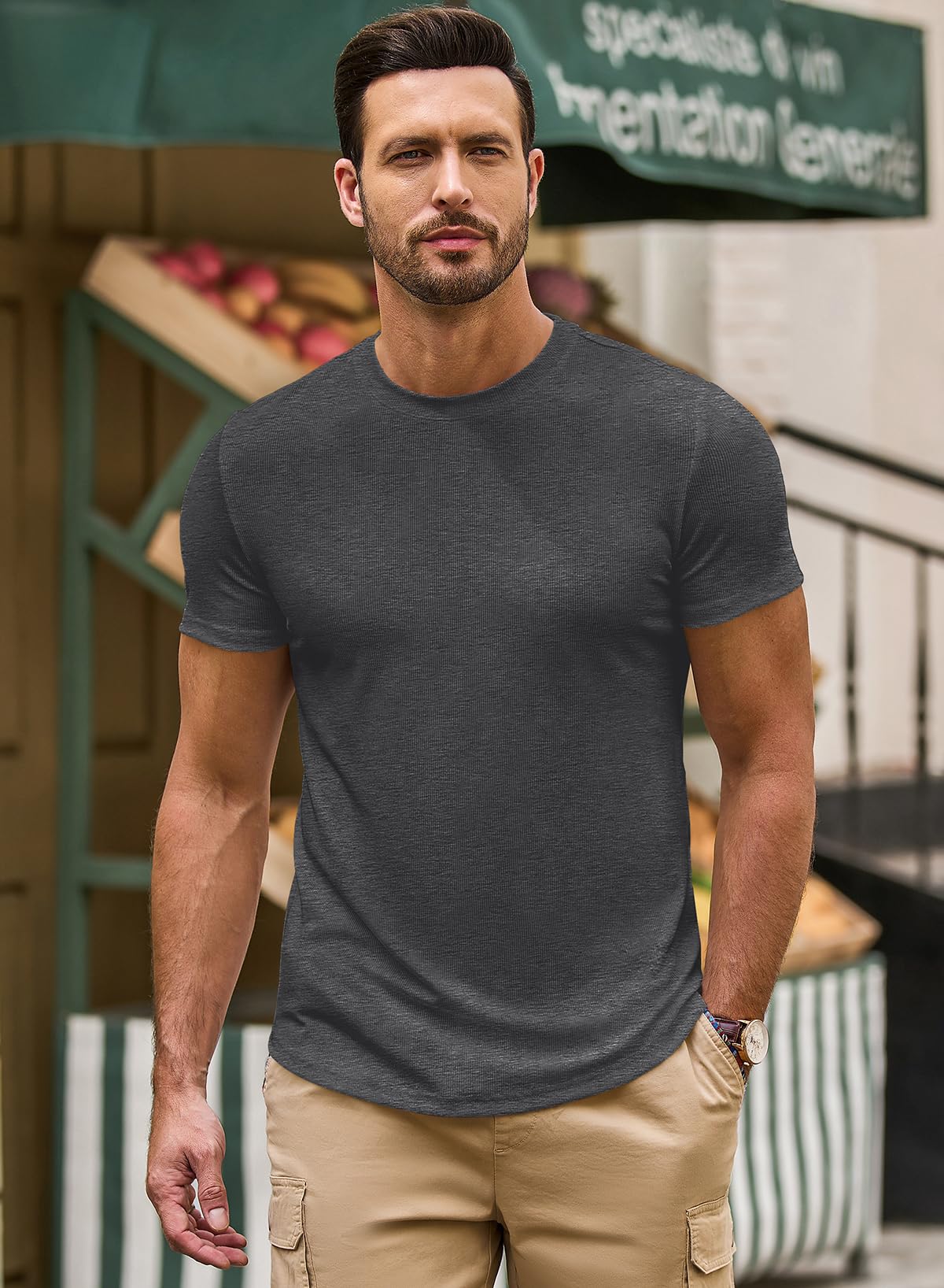 JMIERR Mens Short Sleeve Casual Shirts Muscle Slim Fitted Fashion Shirt Crewneck Longline Tees Shirts for Gym Workout Athletic, US 46(XL), Dark Grey