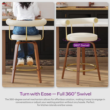 TYBOATLE Swivel Bar Stools Set of 4, Counter Height Bar Stools with Bent Wood Legs and Back, Mid-Century Modern Faux Leather Bar Chairs Island Barstools for Kitchen (4, White)