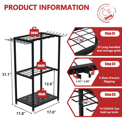 Faesun Garden Tool Organizer, 3-Tier Metal Yard Tool Rack with 14 Hooks & 5 Slots, Holds 50+ Rakes/Shovels/Brooms, Heavy Duty Freestanding Lawn Tool Storage for Garage Shed Outdoor Organization