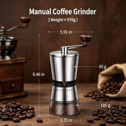 BOMANSI BOMS Manual Coffee Grinder - 8 Adjustable Coarseness Settings, Hand Crank Coffee Mill, Large Capacity, Portable Hand Coffee Grinder for Moka pot, French Press, Drip, Espresso, Gift