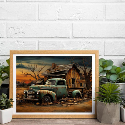 TUTUMAY21 5D Diamond Art Painting Old Rusted Green Truck Car and Wooden House Full Drill Diamond Art Painting by Number Kits for Adults Round Beads Mosaic Cross Stitch for Wall Decoration 12x16 inch