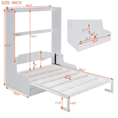 Merax Queen Size Murphy Bed Frame, Modern Wall Bed Can Be Folded into Cabinet, Chair with Cushion, White