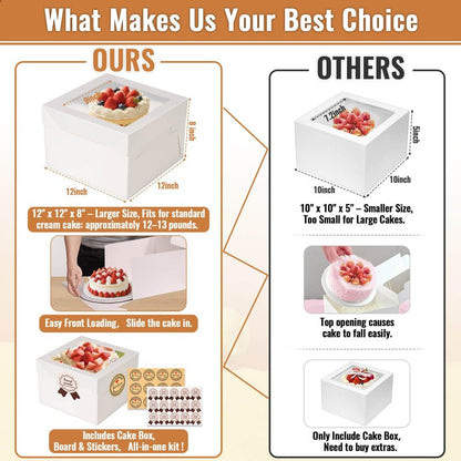 Tetutor 12 Pcs Cake Boxes 12 inch,12x12x8 Inches Cake Box with Window, 5 Pcs Tall 12x12 Cakes Boxes with 5 Pcs Cake Boards, Large Baking Boxes, White Square Cakes Containers for Multi-Layer Cakes