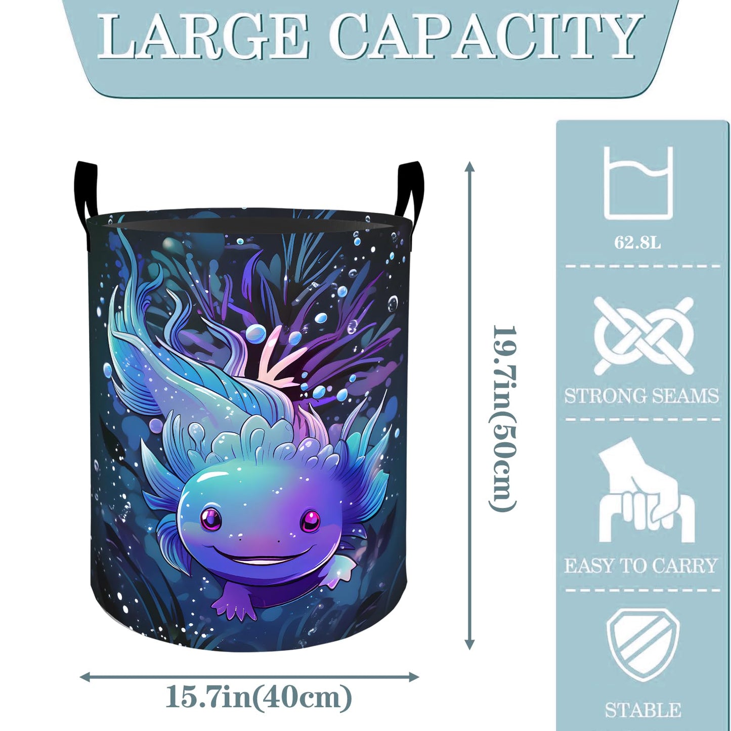 VODRM Cute Axolotl Underwater Laundry Basket, Dirty Collapsible Clothes Toy Organizer Hamper for Kids Adults, Oxford Cloth Waterproof Storage Bin for Bedroom Bathroom Home Decor Gifts, 19.7"X15.7"