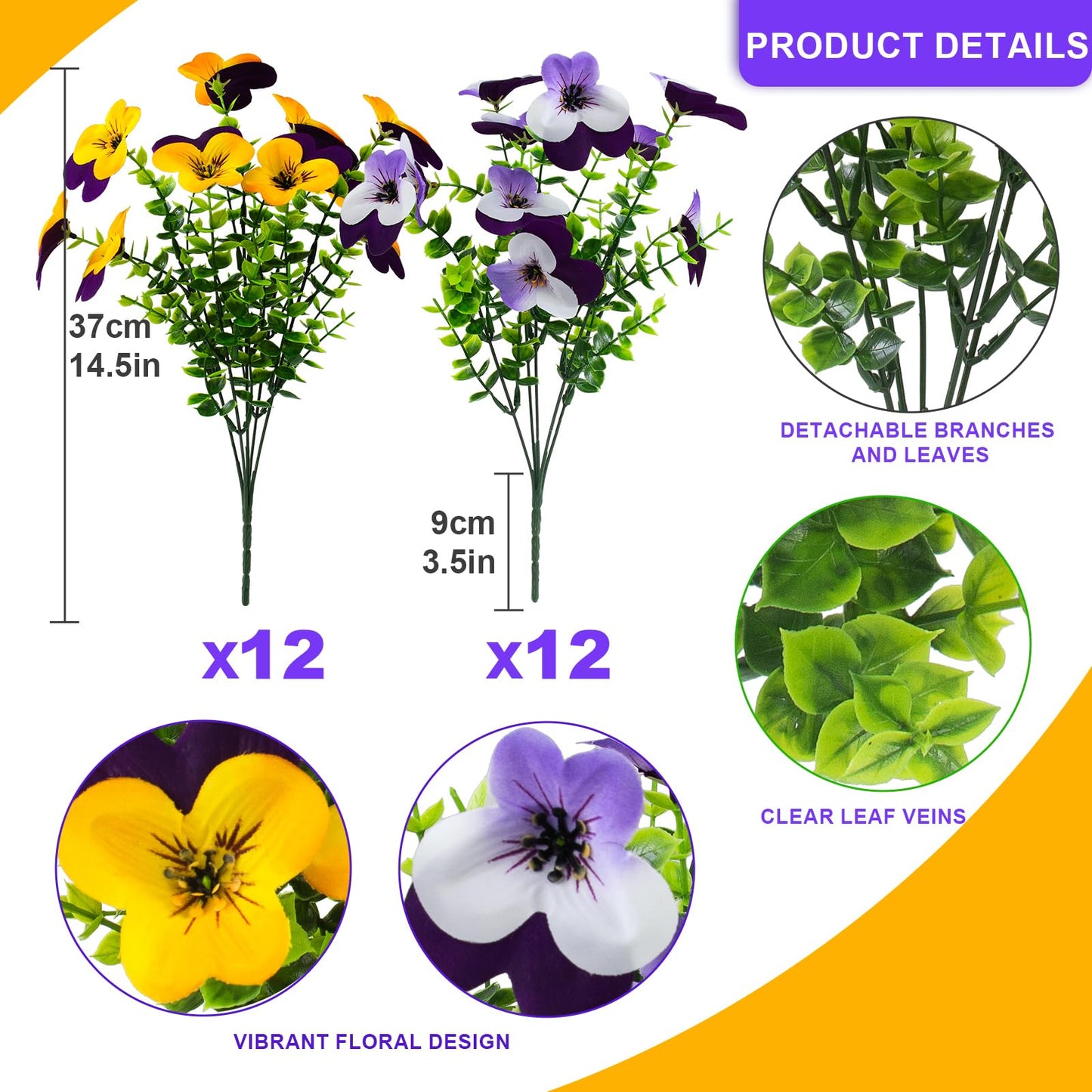 2 Set Artificial Outdoor Pansy Flowers with Hanging Baskets, 2 Hanging Baskets with 24 Pcs Silk Flowers for Spring Easter Decorations Porch Patio Home Decor (2, Purple, Yellow, White, Light Purple)
