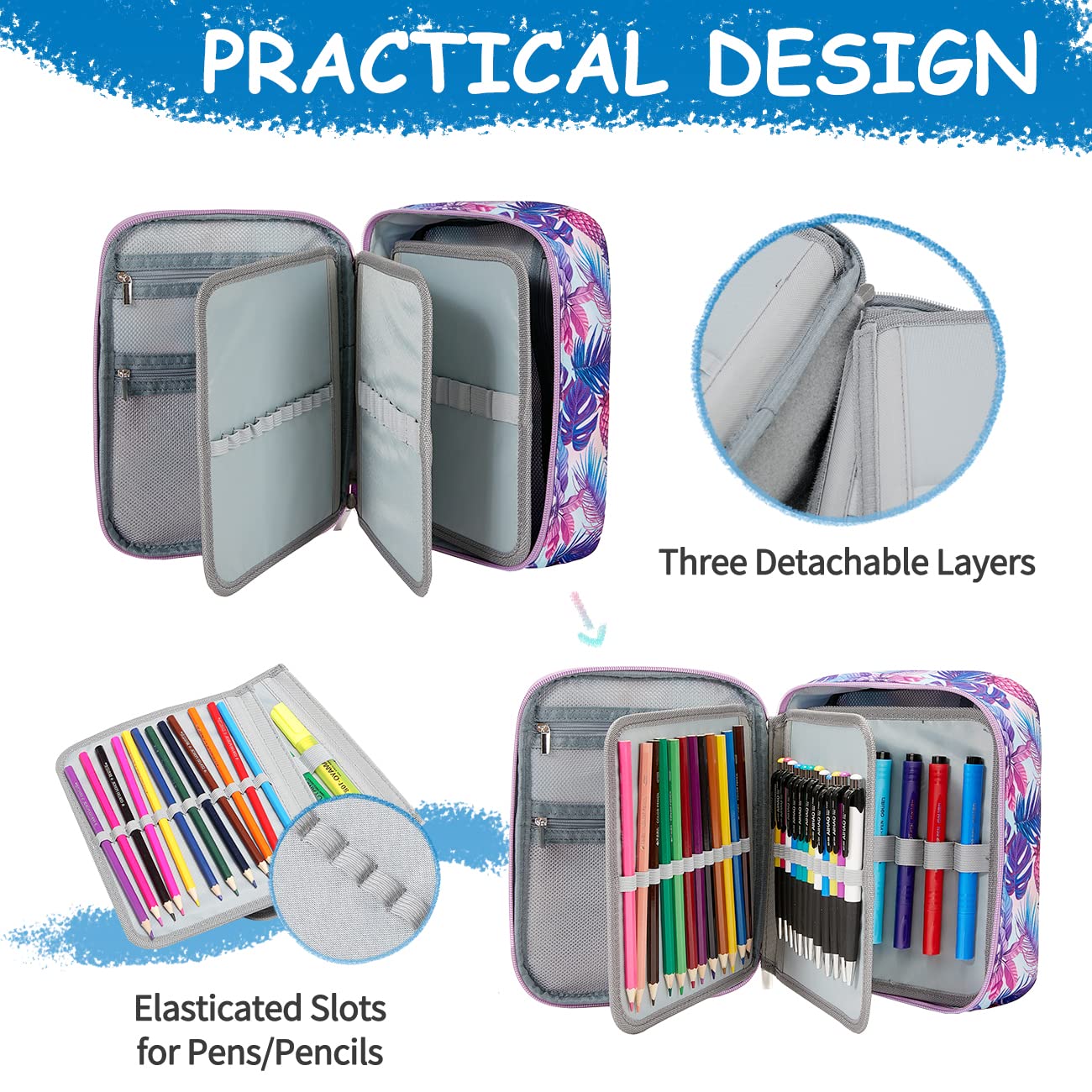 VASCHY Large Pencil Case Bag, Art Supply Marker Organizer Big Pen Pouch with Detachable Layers Slots Multiple Zipper Pockets for Kids Adults School Office Purple
