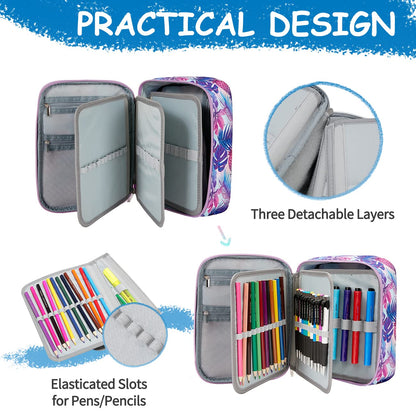 VASCHY Large Pencil Case Bag, Art Supply Marker Organizer Big Pen Pouch with Detachable Layers Slots Multiple Zipper Pockets for Kids Adults School Office Purple