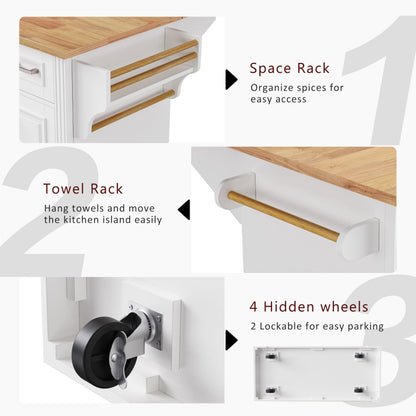 Ball & Cast Modern Large Kitchen Island with Rubber Wood Drop Leaf, Embossed Texture Rolling Cart on 4 Wheels W/4 Doors & 3 Drawers, Mobile Storage Kitchen Islands W/Storage for Dining Room,White,54"