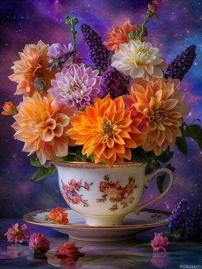 PUAGEMTI Flowers in Tea Cup Diamond Art Kits for Adults, Flower Diamond Painting Kits DIY 5D Full Round Drill Art Home Wall Decor Gift 12x16 INCH