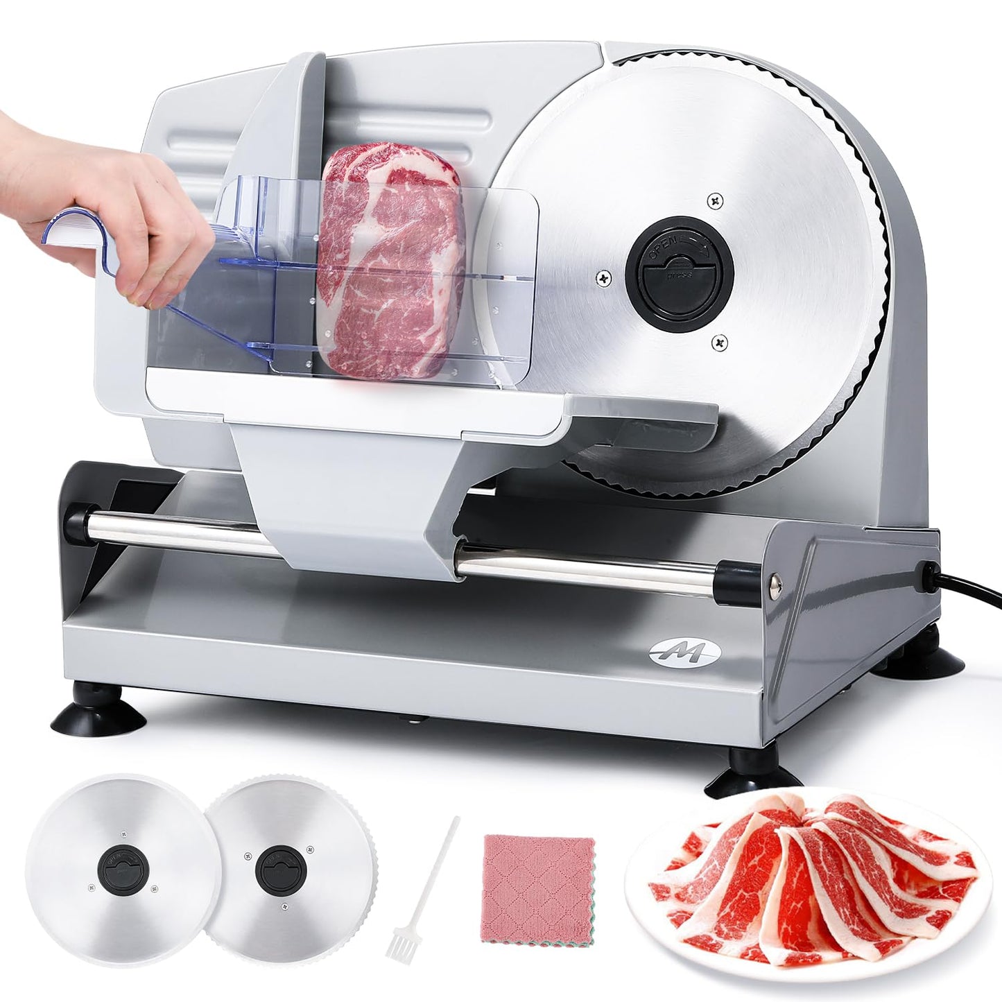 Moongiantgo Electric Meat Slicer 200W With 2 Removable 7.5’’ Stainless Steel Blades, 0-15MM Adjustable Thickness for Home Use, Child Lock Protection, Meat Cheese Bread Deli Food Slicer Machine, 110V
