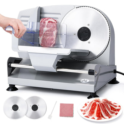 Moongiantgo Electric Meat Slicer 200W With 2 Removable 7.5’’ Stainless Steel Blades, 0-15MM Adjustable Thickness for Home Use, Child Lock Protection, Meat Cheese Bread Deli Food Slicer Machine, 110V