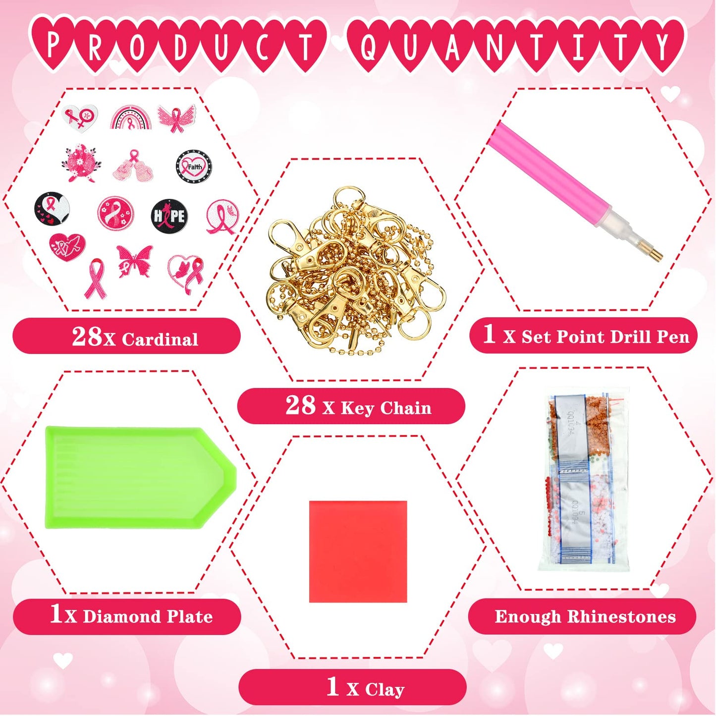 Estune 28 Pcs Breast Cancer Diamond Painting Keychains Pink Ribbon Diamond Art Key Chain Double Sided 5d DIY Painting Kits Keyring Pendant for Beginners Adults Women Gift