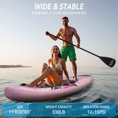 YUSING Inflatable Paddle Board with Seat, 11' x 33'' x 6" SUP, Extra Wide Paddle Boards for Adults, Non-Slip Deck Stand Up Paddle Board with Kayak and SUP Accessories, 3 Removable Fins (Pink Flower)