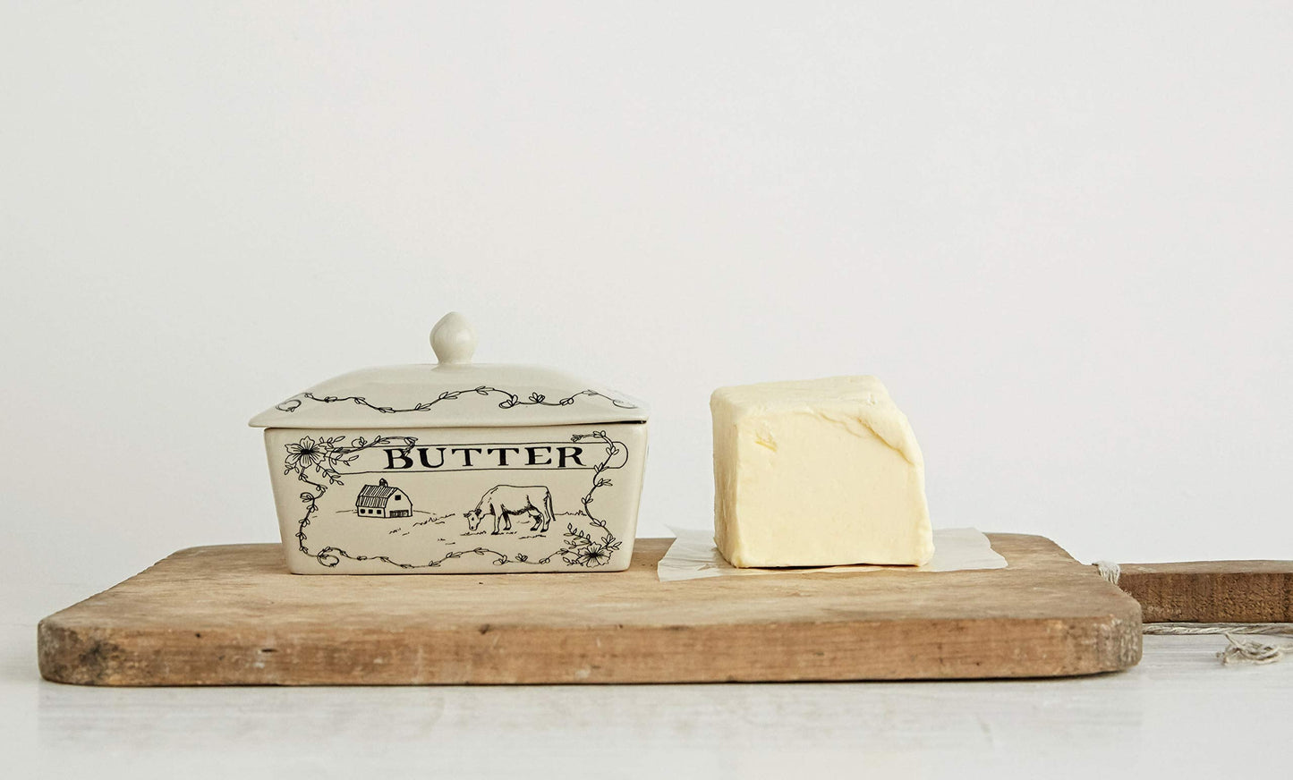 Creative Co-Op Country Stoneware Butter Dish with Lid, "Spread the Love" Message, and Farm Line Drawing, White and Black, Food, Microwave, and Dishwasher Safe